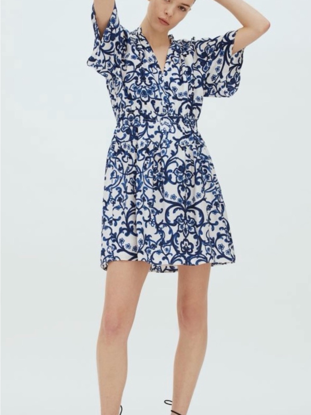 H&M Blue and White Printed V-Neck Mini Dress
